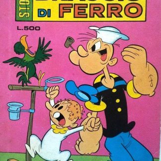 Illustrazione di Braccio di Ferro e Olive, personaggi dei fumetti classici, con un papagallo e un cane.