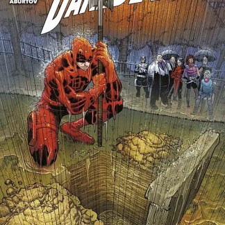Alt text: Comic cover featuring Daredevil kneeling by a well, rain falling, group watching.
