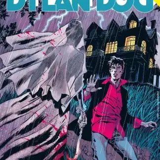Alt: Copertina fumetto Dylan Dog La Dama Bianca con atmosfera tempestosa e figura spaventosa.