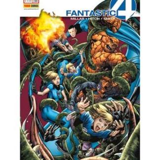 Ragazzi supereroi Fantastici 4 in azione, lotta contro villain e minacce cosmiche.
