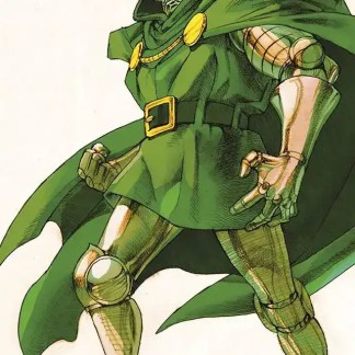 Mago oscuro con mantello verde e armatura metallica, in posa potente e misteriosa, stile fumetto fantasy.