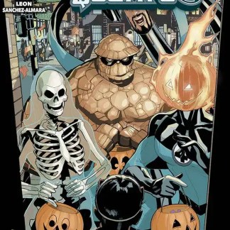 Illustrazione di personaggi Marvel in costumi di Halloween, tra zucche, scheletri e ambientazioni urbane animate, perfetto per fani fumetti.