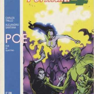 Vignetta di fumetto di Formula 4 con personaggi di cartone animato in azione.