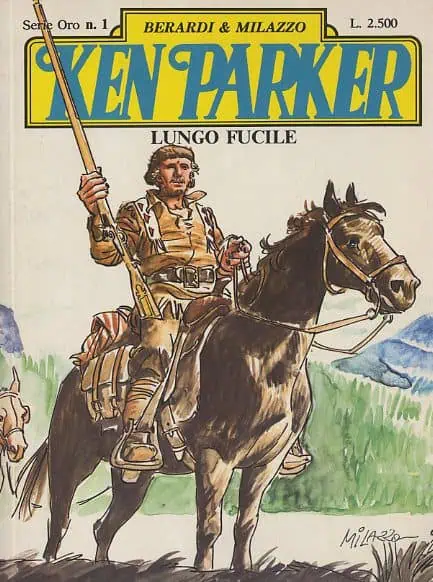 Puntata di Ken Parker con protagonista in sella a cavallo, ambientazione naturale, stile fumetto vintage.