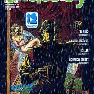 Copertina con scena di fumetto sotto la pioggia, personaggi in stile noir.