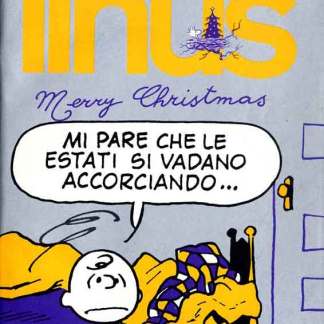 Descrizione immagine: Copertina di una rivista di fumetti Linus, con Charlie Brown che dorme sul letto e un messaggio natalizio.