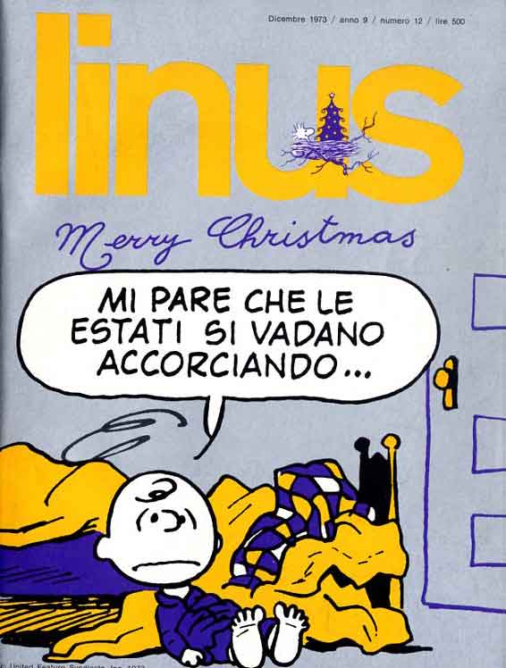 Descrizione immagine: Copertina di una rivista di fumetti Linus, con Charlie Brown che dorme sul letto e un messaggio natalizio.