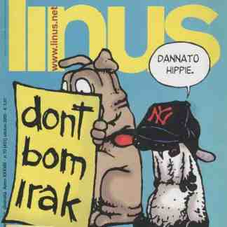 Illustrazione fumetto Linus guerra con cane e cartello.