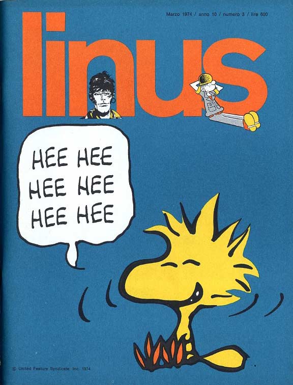 Alt: Copertina di Linus con Woodstock che ride, fumetto umoristico anni '70.