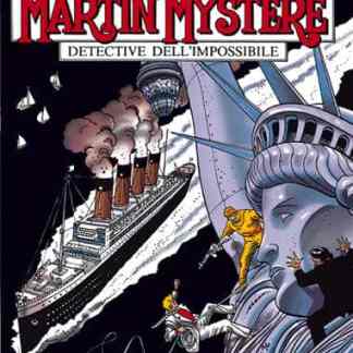 Illustrazione di Detective Mystère con imbarcazione e statue.