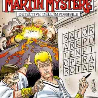 Dettaglio di un fumetto di Martin Mystère con scene di esplosione e un enigma sul muro.