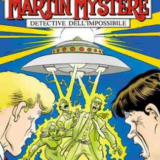Un’immagine di Martin Mystère con un'astronave e alieni, tema di misteri e investigazioni sui fenomeni UFO.