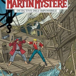 Immagine di un fumetto piratesco con pirati e nave sul mare tempestoso.