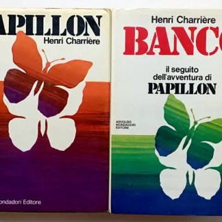 Alt: Copertina di un libro vintage "Papillon" di Henri Charrière con farfalla colorata sullo sfondo.