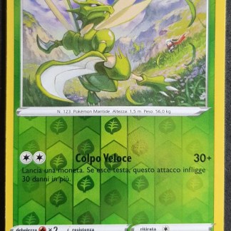 Carta Pokemon Scyther, carta illustrata di un Pokémon insecto, con dettagli e caratteristiche in italiano.