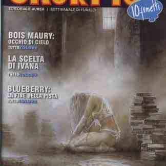 Copertina fumetto con donna seduta, nebbia e libri pile.