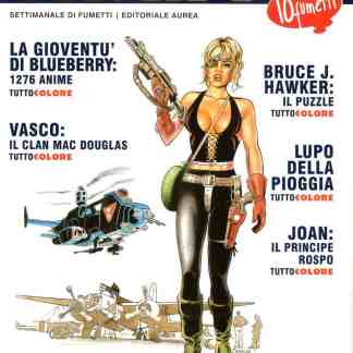 Copertina di una donna con armi in stile fumetto.