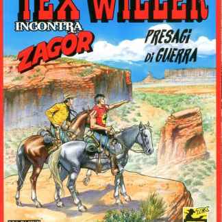 Alt: Copertina di Tex Willer in stile Western con due cowboy a cavallo nel deserto.