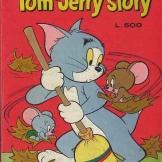 Illustrazione di Tom e Jerry con foglie d'autunno, stile fumetto vintage.