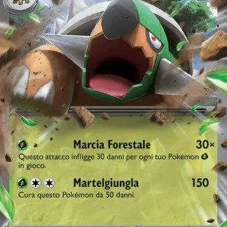 Carta Pokémon Tortera ex, attacco Marcia Forestale e Martelgiungla, potenza massima 340 PS, speciale e rara.