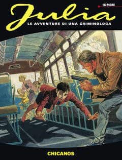 Dettaglio di Julio che indossa un cappotto e spara con una pistola, scena di fumetto giallo, avventure crime.