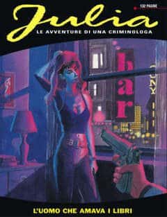 Ragazza noir con pistola in città notturna illuminata neon, atmosfera crime e avventura.