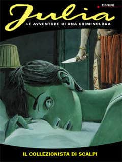 Ragazza dai fumetti con capelli neri e ambiente vintage, per appassionati di fumetti e criminologia.