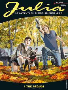 Ragazzi con cane in parco autunnale, copertina fumetto Jalio, avventure di crimine e amicizia.