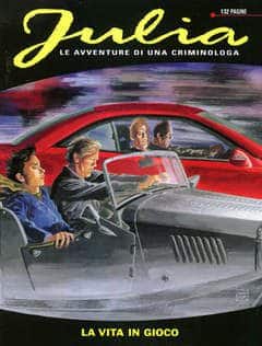 Auto da giallo stile con personaggi in azione, protagonista del fumetto noir.