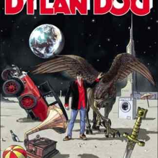 Immagine di Dylan Dog con mostro e oggetti insoliti sulla luna, stile fumetto horror italiano.