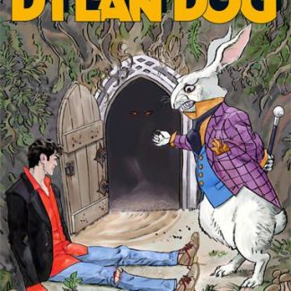 Illustrazione di Dylan Dog e un Coniglio Gigante in un Giardino Misterioso.