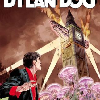 Copertina del fumetto Dylan Dog "Il ladro di cervelli" con Londra in fiamme e scena di suspense.