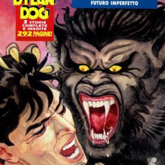 Un'illustrazione di Dylan Dog con un lupo mitico e un volto inquietante.