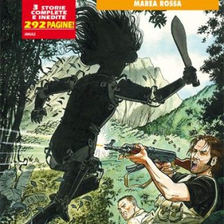 Una scena d'azione con un robot gigante e due personaggi umani in un ambiente naturale.