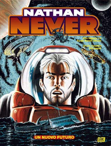 Alt: Copertina fumetto Nathan Never con personaggio nello spazio e tecnologia futuristica.