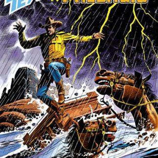 Alt: Copertina di Tex il Presagio con cowboy avventuroso durante tempesta e fulmini, fumetti Western.