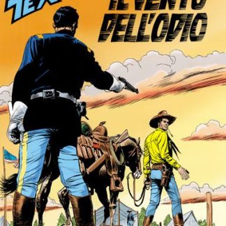 Ritratto di Tex con pistola e ambientazione western, copertina fumetto Tex Il Vento Veloce.