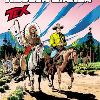 Dettaglio di Tex e altri personaggi in stile fumetto Western, paesaggio desertico e montagne sullo sfondo.