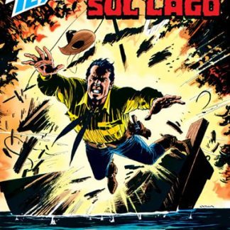 Immagine di un uomo che cade in un lago in un fumetto avventuroso con esplosioni sullo sfondo.