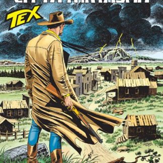 Tex e città in rovina in un'illustrazione di fumetti western.