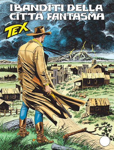Tex e città in rovina in un'illustrazione di fumetti western.
