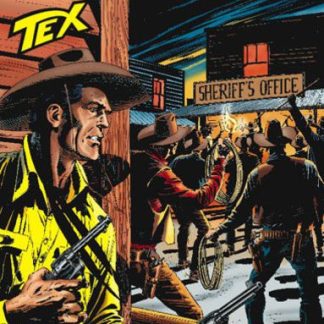 Fuggiasco Tex fumetti, scena di sparatoria in stile western con sheriff e banditi.