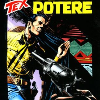 Pannello illustrato di un fumetto TEX con scena di azione e personaggio armato.