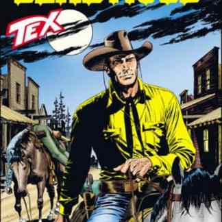 Immagine di Tex in stile western Deadwood con fondale cittadino e cavalli.