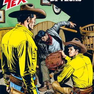 Dettaglio di banditi western stile Tex fumetti, scena di rapina in un saloon.