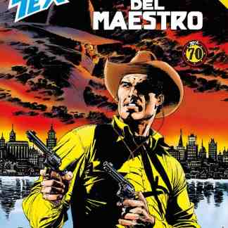 Didascalia: Copertina di Tex con ambientazione urbana e sfondo drammatico, simbolo di avventure western.