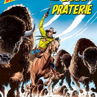 Immagine di cowboy in prateria con bisonti, scena d'azione e avventura western.