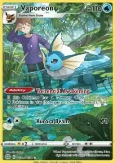 Vaporeon Pokémon acquatica evoluta da Eevee, immerso nel lago verde.