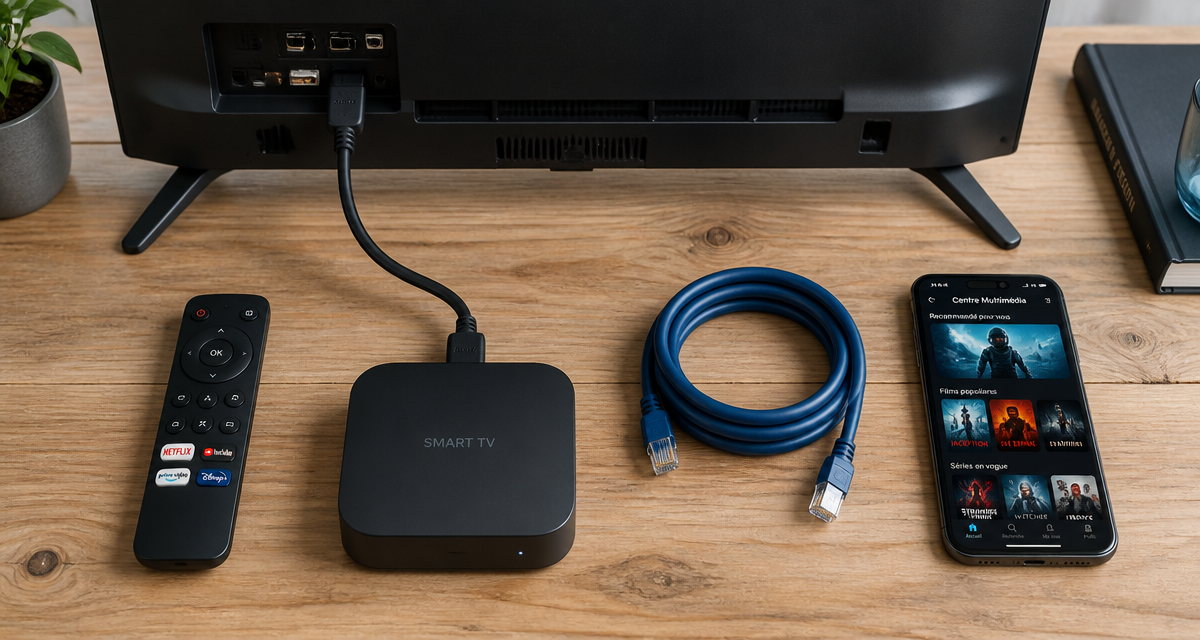 boîtier smart tv comment ça marche vu de dos avec accessoires