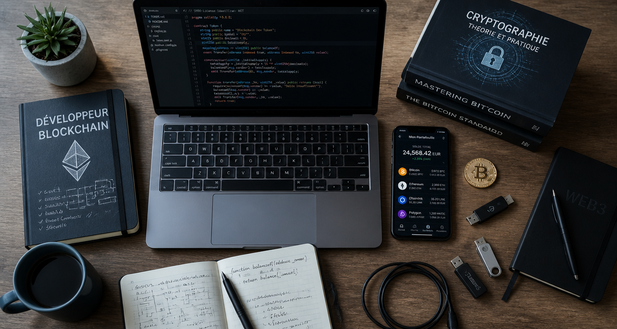 Bureau développeur blockchain avec ordinateur et portefeuille crypto